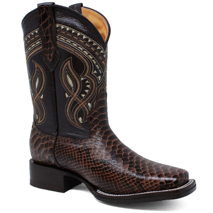 Men's Python Print Leather Square Toe Boots - Brown - 6