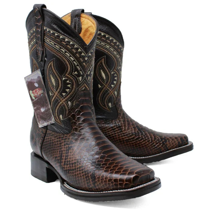 Men's Python Print Leather Square Toe Boots - Brown - 6