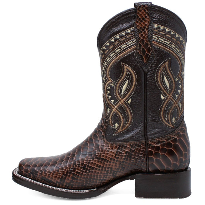 Men's Python Print Leather Square Toe Boots - Brown - 6