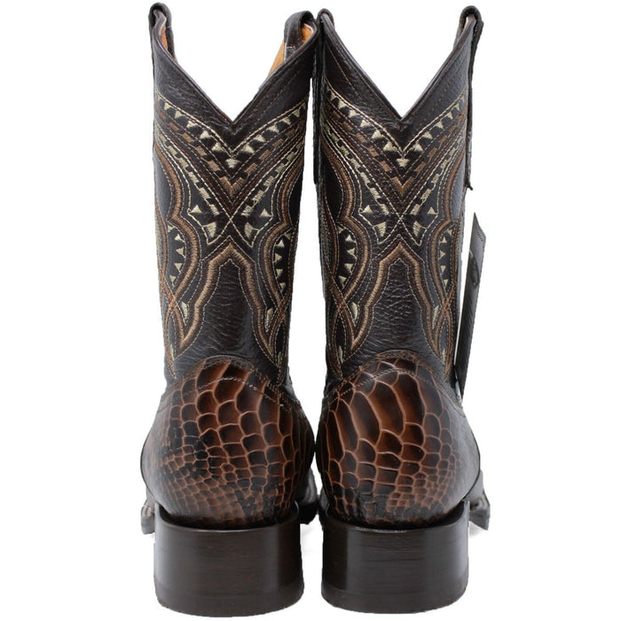 Men's Python Print Leather Square Toe Boots - Brown - 6