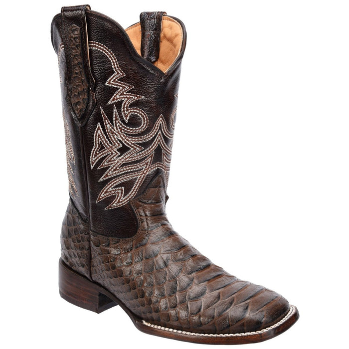 Men's Python Print Leather Square Toe Boots - Brown - 6