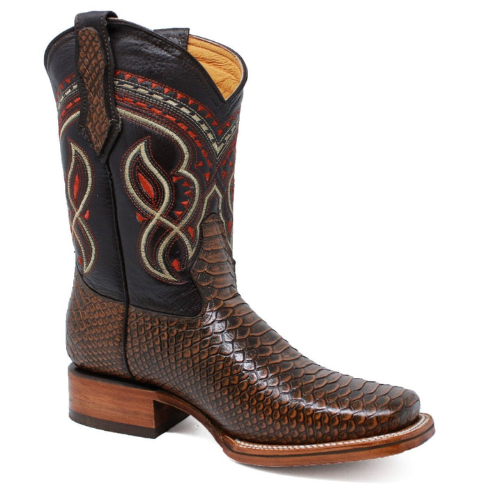Men's Python Print Leather Square Toe Boots - Honey - 6
