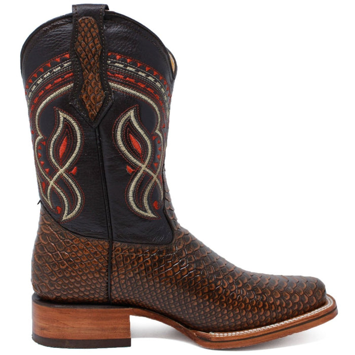 Men's Python Print Leather Square Toe Boots - Honey - 6