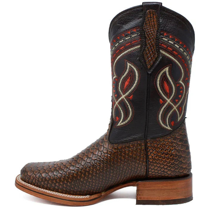 Men's Python Print Leather Square Toe Boots - Honey - 6