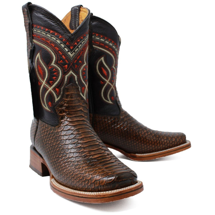 Men's Python Print Leather Square Toe Boots - Honey - 6