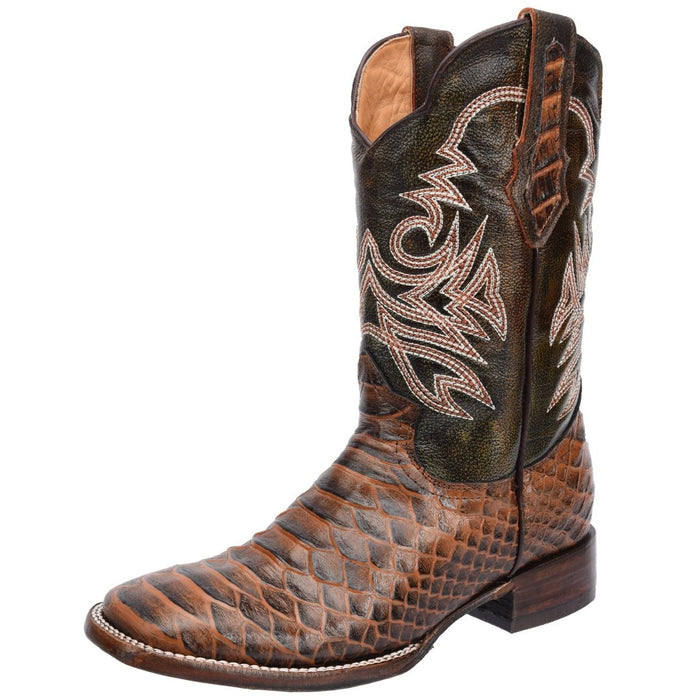 Men's Python Print Leather Square Toe Boots - Honey - 6