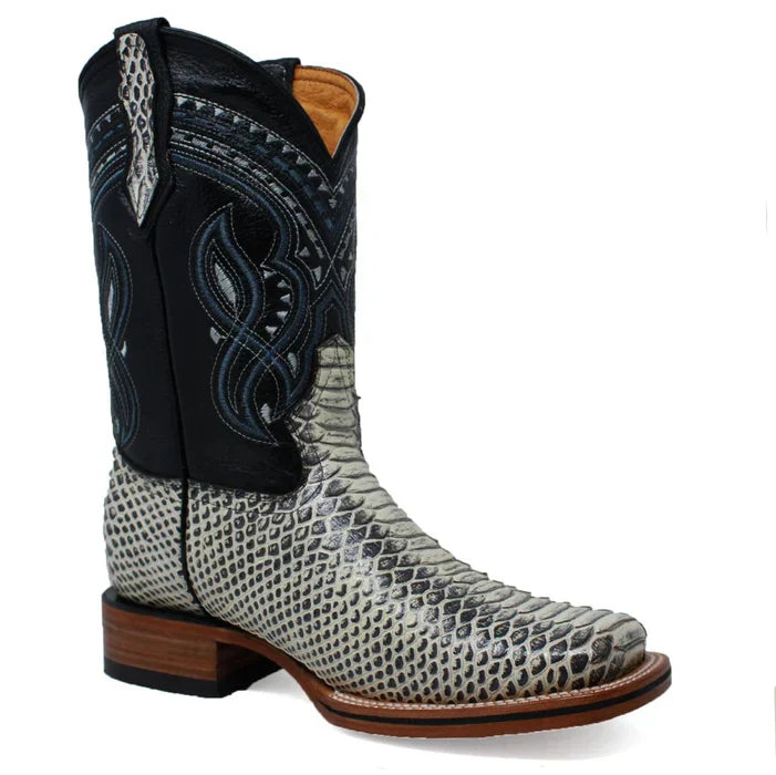 Men's Python Print Leather Square Toe Boots - Natural - 6