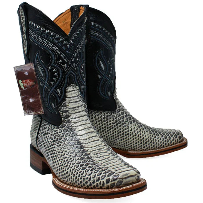 Men's Python Print Leather Square Toe Boots - Natural - 6