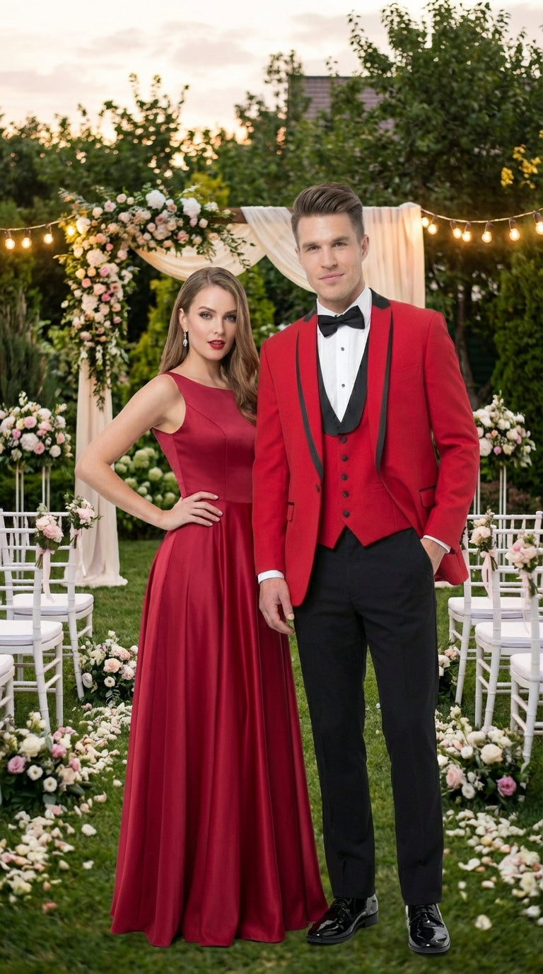 Mens Red and Black Tuxedo – Three Piece Formal Suit with Satin Shawl Lapel for Wedding and Prom - 34 Short or Extra Small