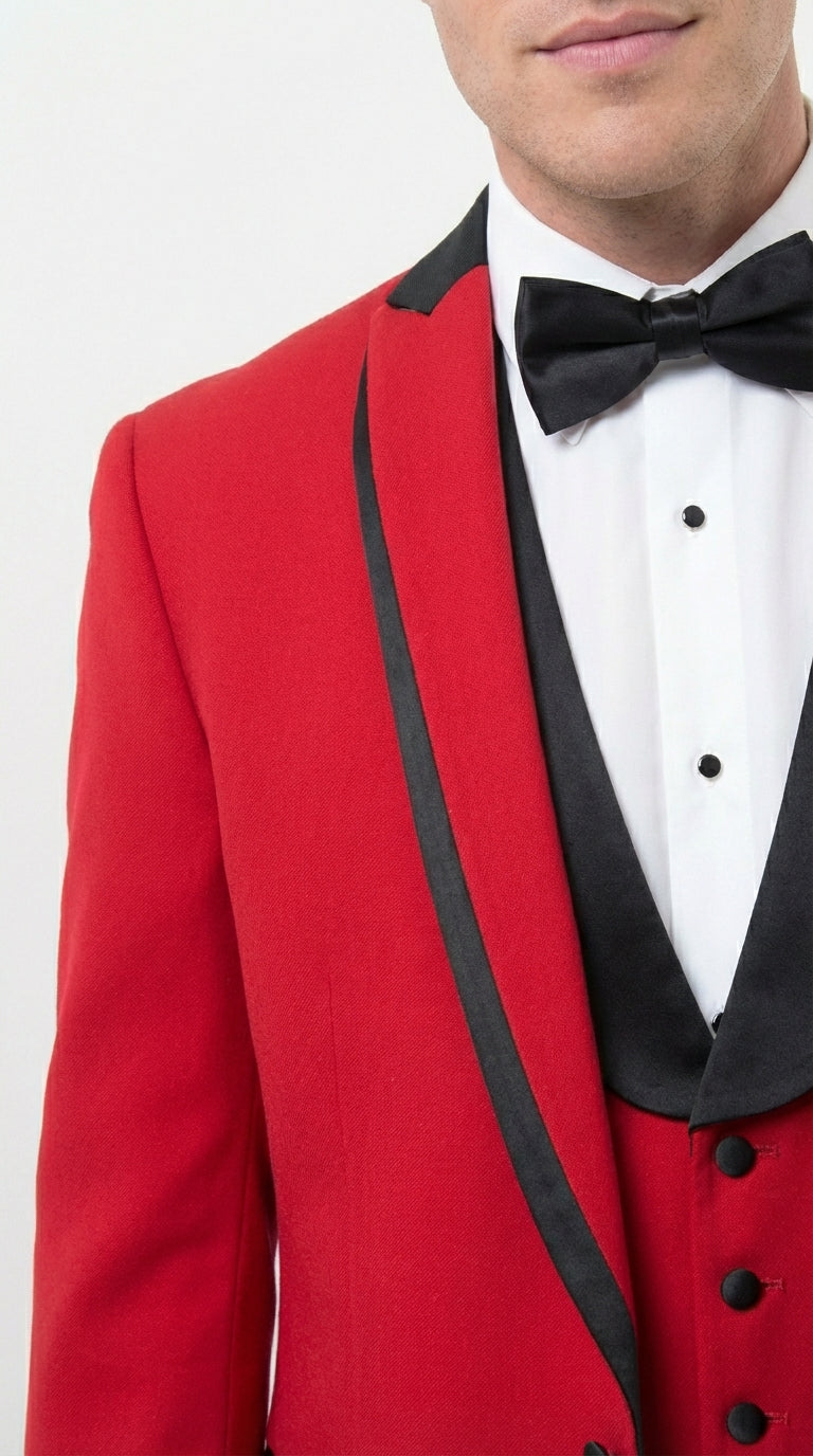 Mens Red and Black Tuxedo – Three Piece Formal Suit with Satin Shawl Lapel for Wedding and Prom - 34 Short or Extra Small