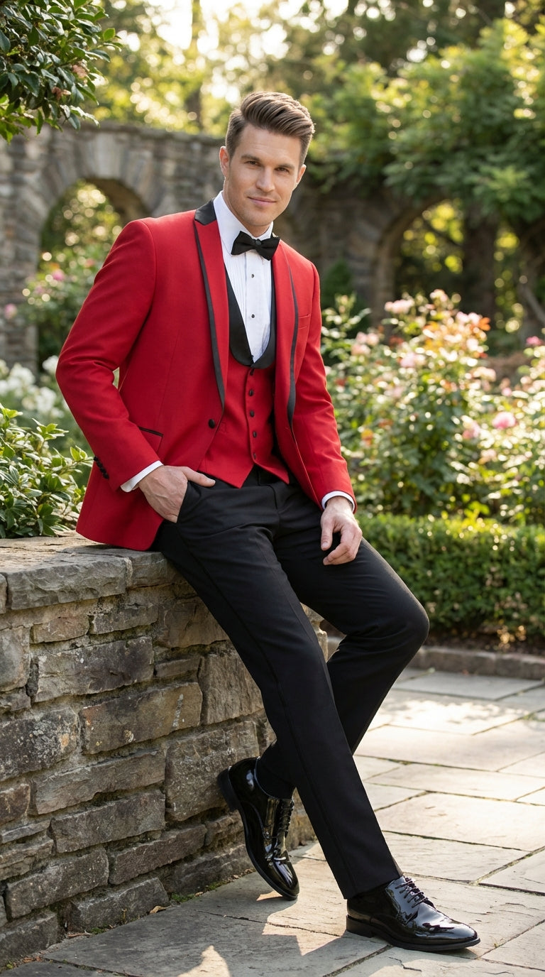 Mens Red and Black Tuxedo – Three Piece Formal Suit with Satin Shawl Lapel for Wedding and Prom - 34 Short or Extra Small
