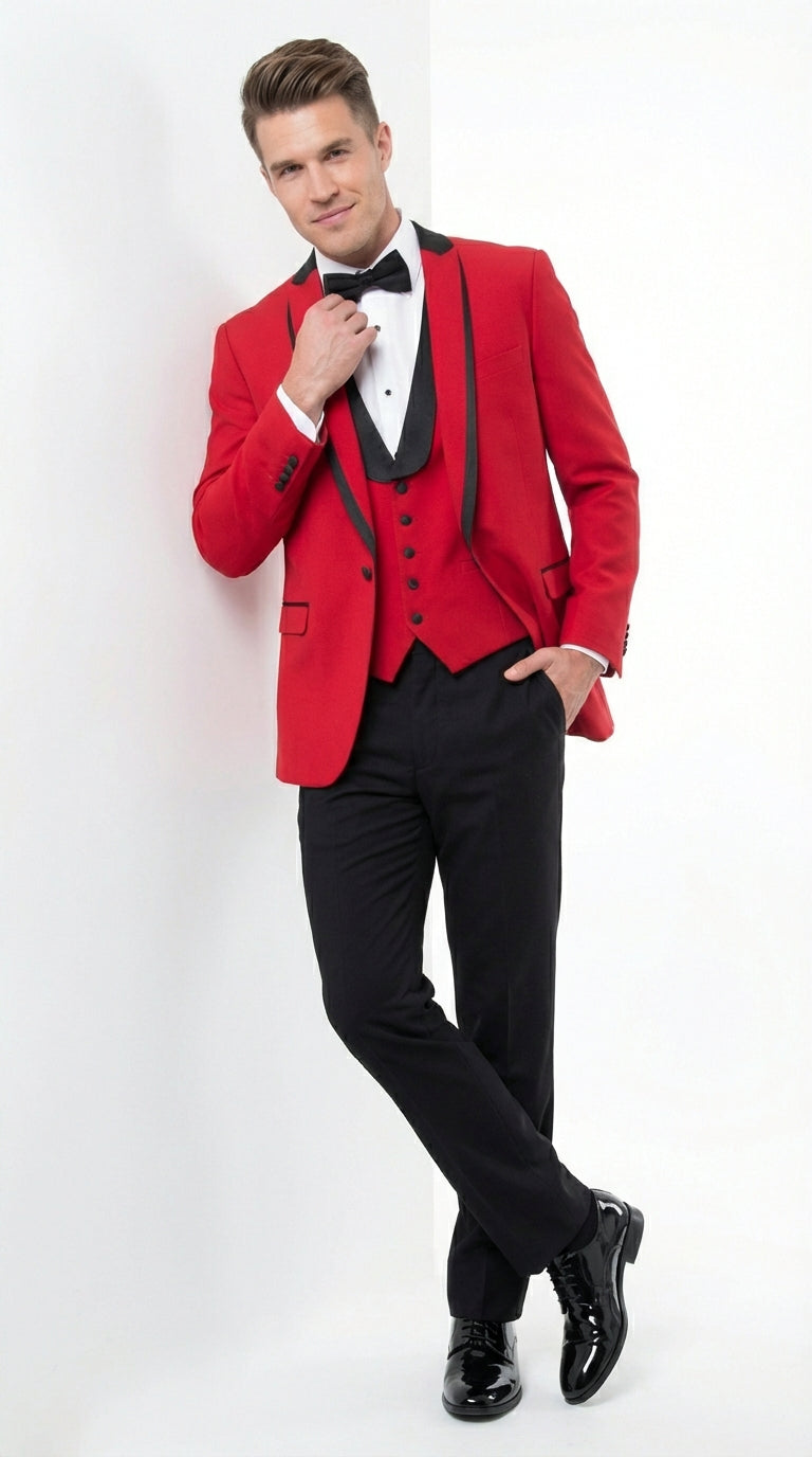 Mens Red and Black Tuxedo – Three Piece Formal Suit with Satin Shawl Lapel for Wedding and Prom - 34 Short or Extra Small