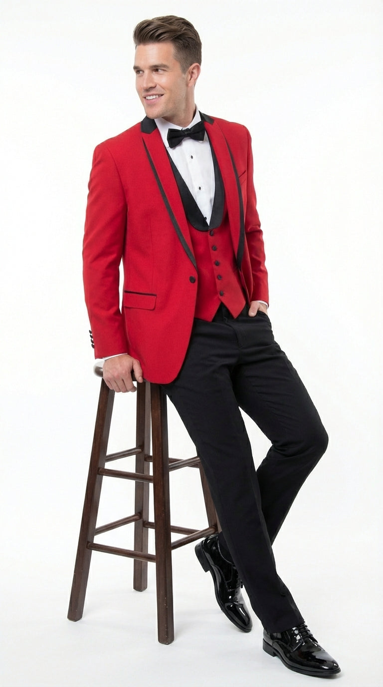 Mens Red and Black Tuxedo – Three Piece Formal Suit with Satin Shawl Lapel for Wedding and Prom - 34 Short or Extra Small
