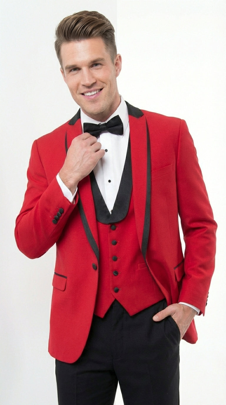 Mens Red and Black Tuxedo – Three Piece Formal Suit with Satin Shawl Lapel for Wedding and Prom - 34 Short or Extra Small