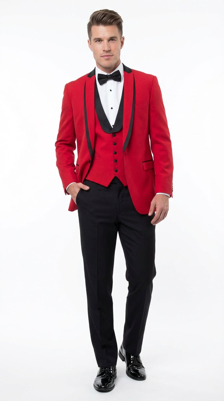 Mens Red and Black Tuxedo – Three Piece Formal Suit with Satin Shawl Lapel for Wedding and Prom - 34 Short or Extra Small
