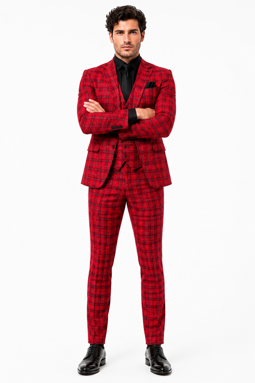 Mens Red and Grey Plaid 3-Piece Suit with Vest - Modern Fit Peak Lapel By Dominique Wilson