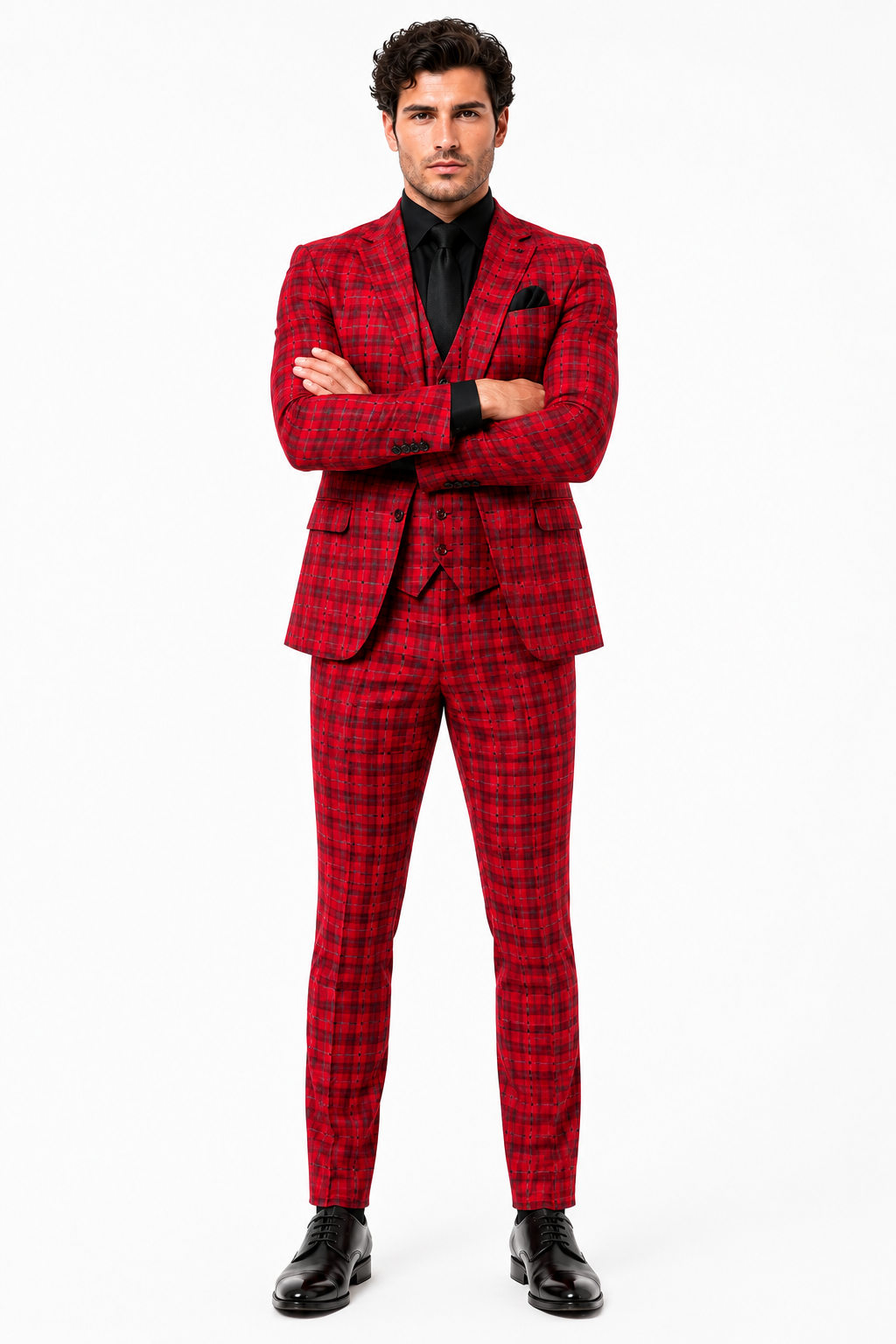 Mens Red and Grey Plaid 3-Piece Suit with Vest - Modern Fit Peak Lapel By Dominique Wilson