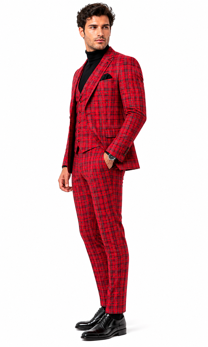 Mens Red and Grey Plaid 3-Piece Suit with Vest - Modern Fit Peak Lapel By Dominique Wilson