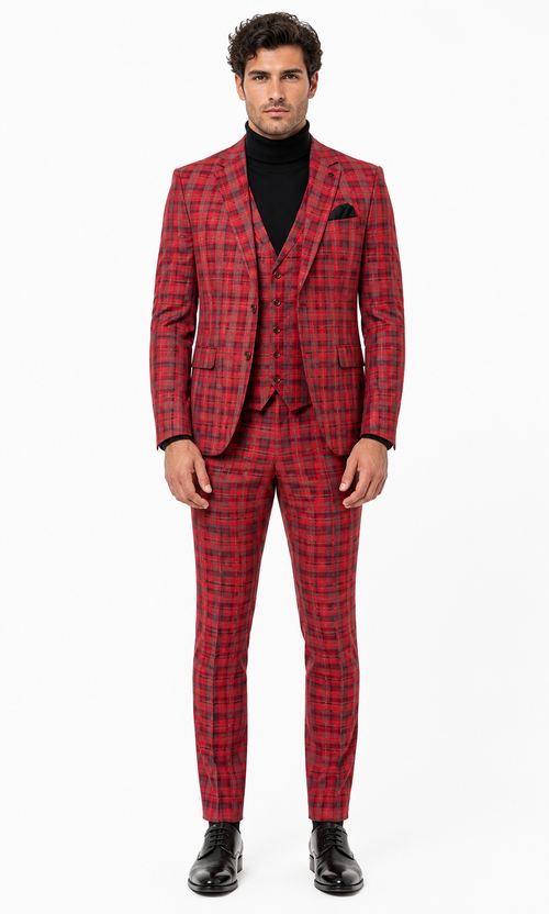 Mens Red and Grey Plaid 3-Piece Suit with Vest - Modern Fit Peak Lapel By Dominique Wilson