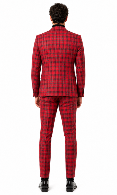 Mens Red and Grey Plaid 3-Piece Suit with Vest - Modern Fit Peak Lapel By Dominique Wilson