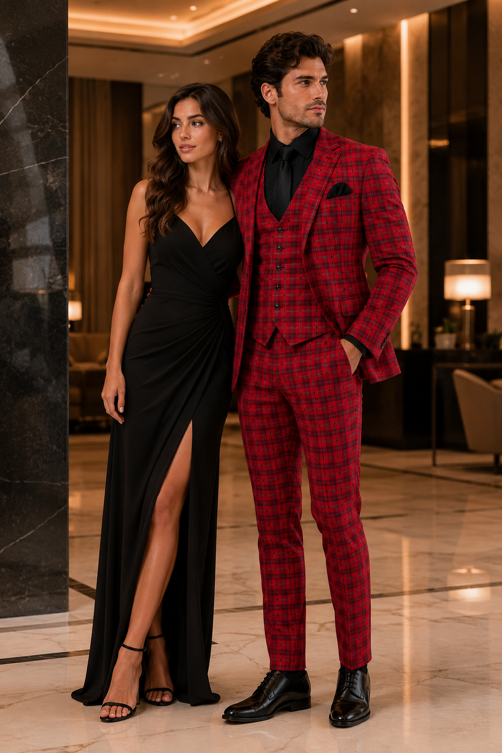 Mens Red and Grey Plaid 3-Piece Suit with Vest - Modern Fit Peak Lapel By Dominique Wilson