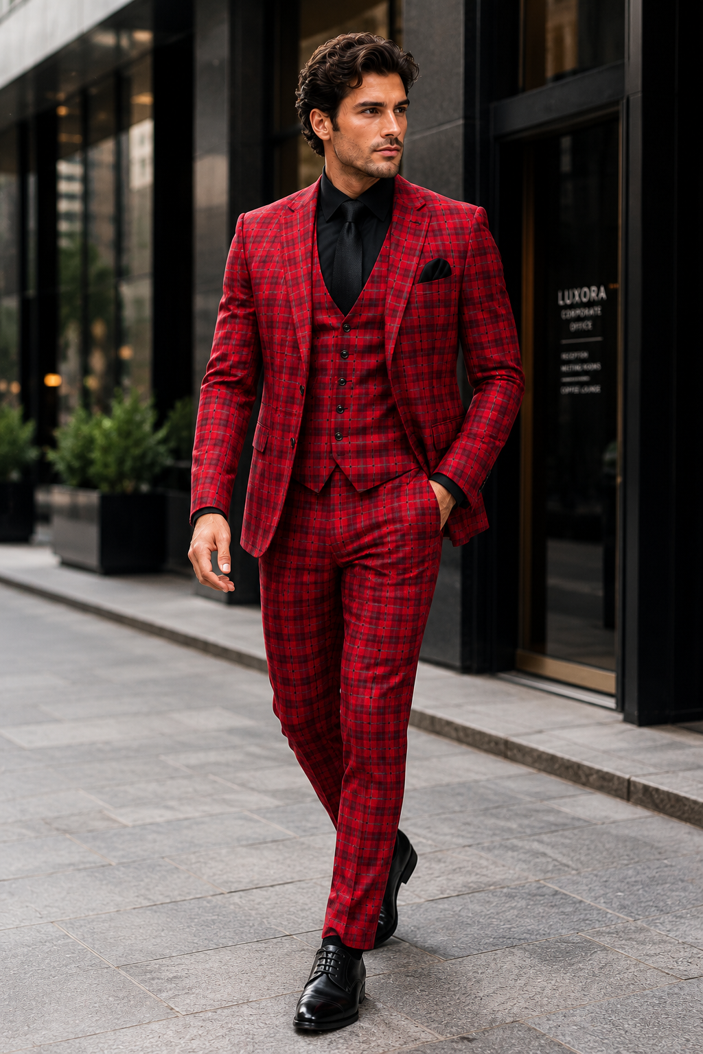 Mens Red and Grey Plaid 3-Piece Suit with Vest - Modern Fit Peak Lapel By Dominique Wilson