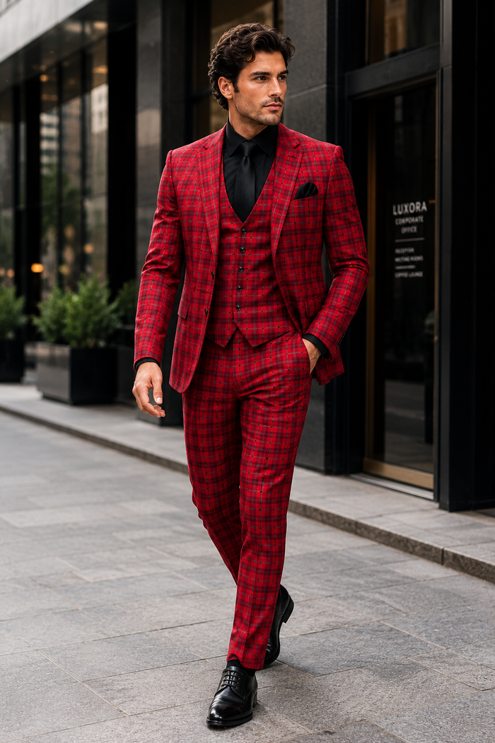 Mens Red and Grey Plaid 3-Piece Suit with Vest - Modern Fit Peak Lapel By Dominique Wilson