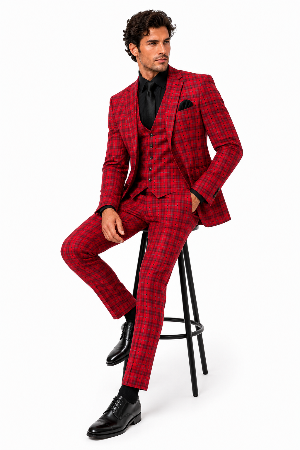 Mens Red and Grey Plaid 3-Piece Suit with Vest - Modern Fit Peak Lapel By Dominique Wilson