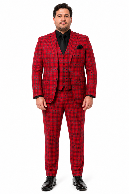 Mens Red and Grey Plaid 3-Piece Suit with Vest - Modern Fit Peak Lapel By Dominique Wilson