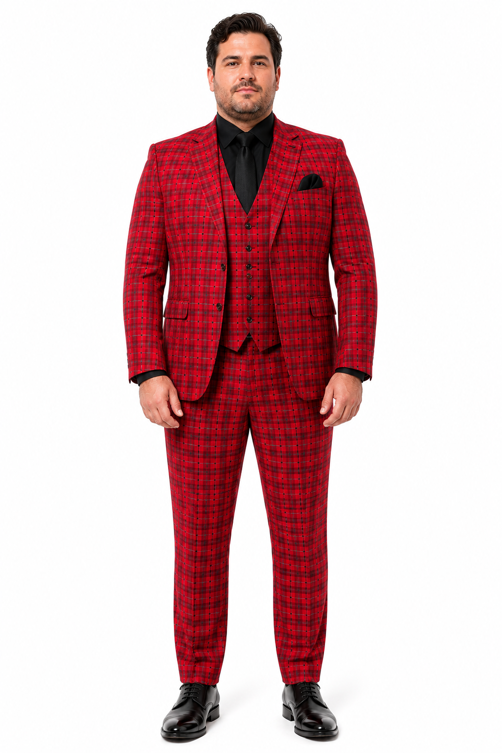 Mens Red and Grey Plaid 3-Piece Suit with Vest - Modern Fit Peak Lapel By Dominique Wilson