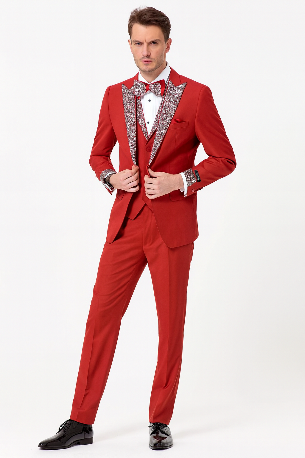 Men’s Red And White Lapel Three-Piece Tuxedo with Sequin Lapel and Matching Bow Tie - Chirstmas Suit - 34 Short or Extra Small