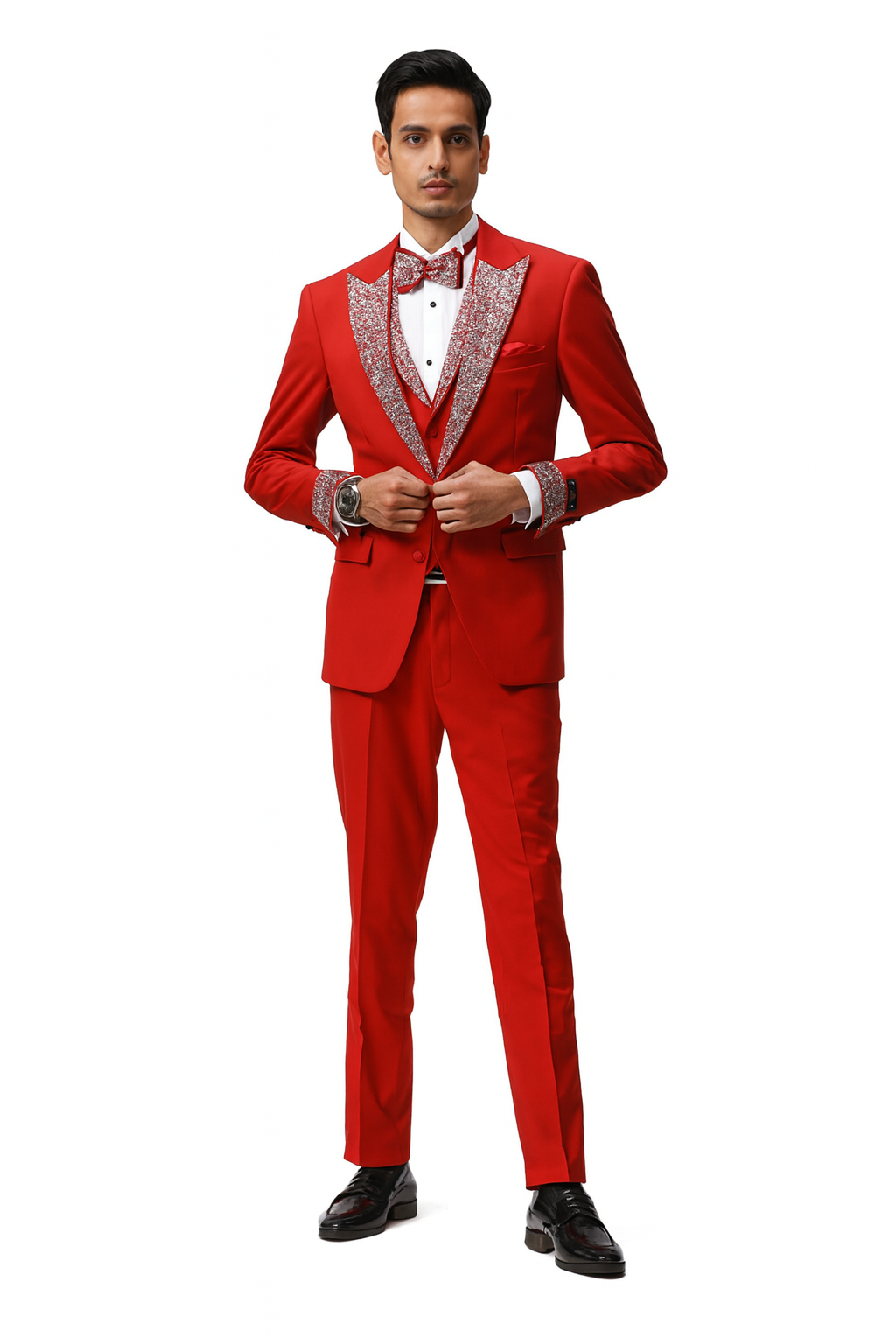 Men’s Red And White Lapel Three-Piece Tuxedo with Sequin Lapel and Matching Bow Tie - Chirstmas Suit - 34 Short or Extra Small