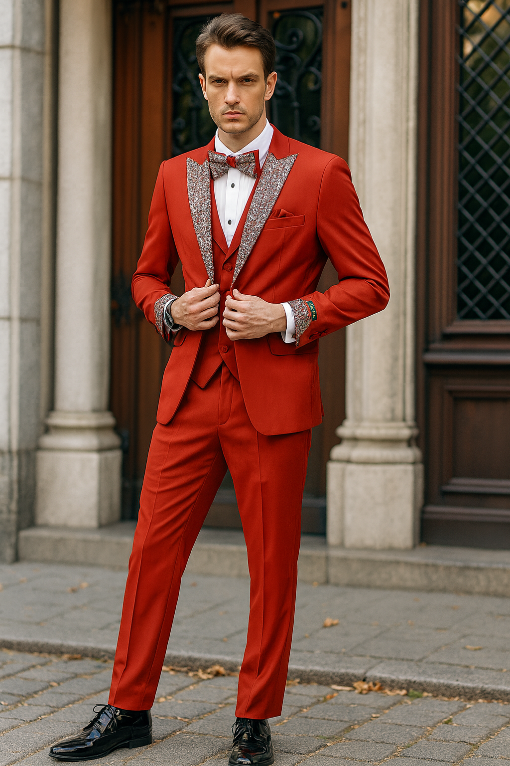Men’s Red And White Lapel Three-Piece Tuxedo with Sequin Lapel and Matching Bow Tie - Chirstmas Suit - 34 Short or Extra Small
