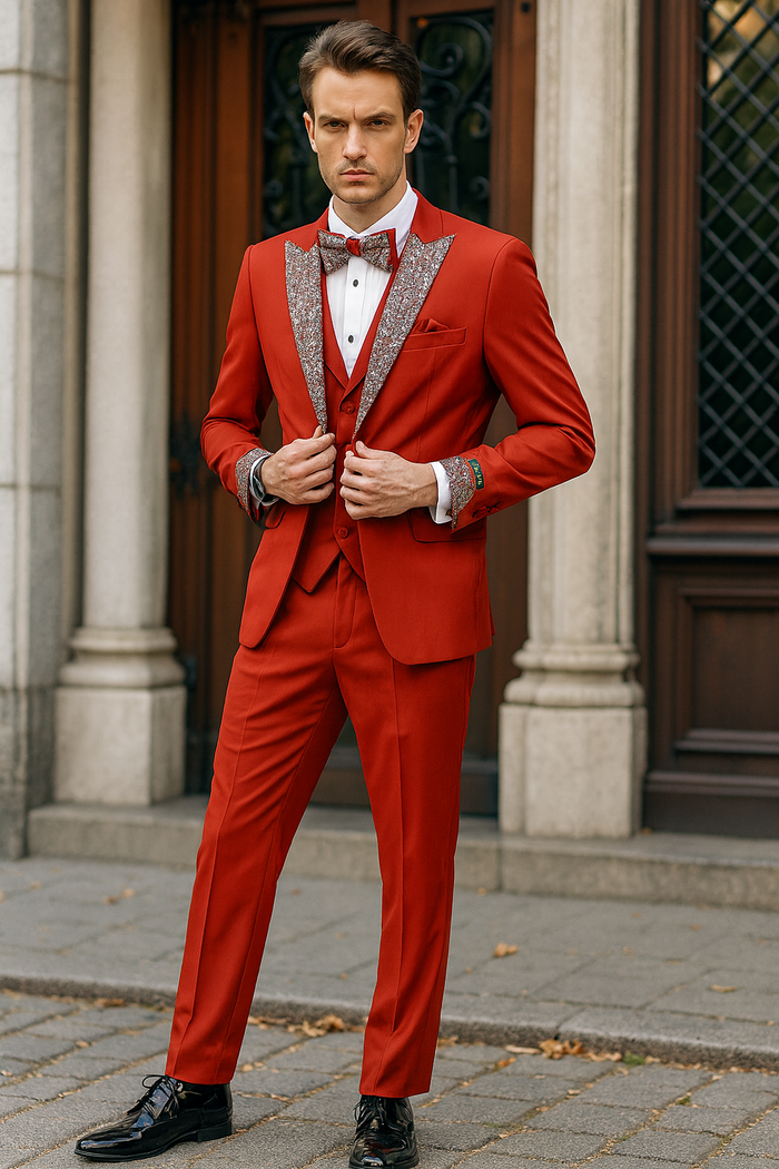 Mens Red And White Lapel Three-Piece Tuxedo with Sequin Lapel and Matching Bow Tie - Chirstmas Suit
