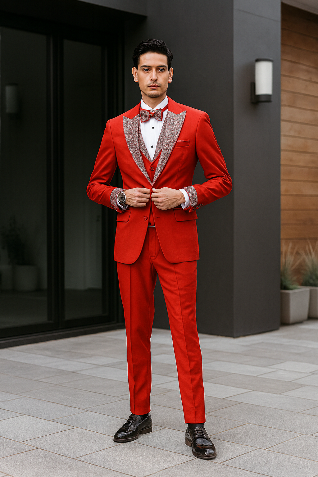 Men’s Red And White Lapel Three-Piece Tuxedo with Sequin Lapel and Matching Bow Tie - Chirstmas Suit - 34 Short or Extra Small