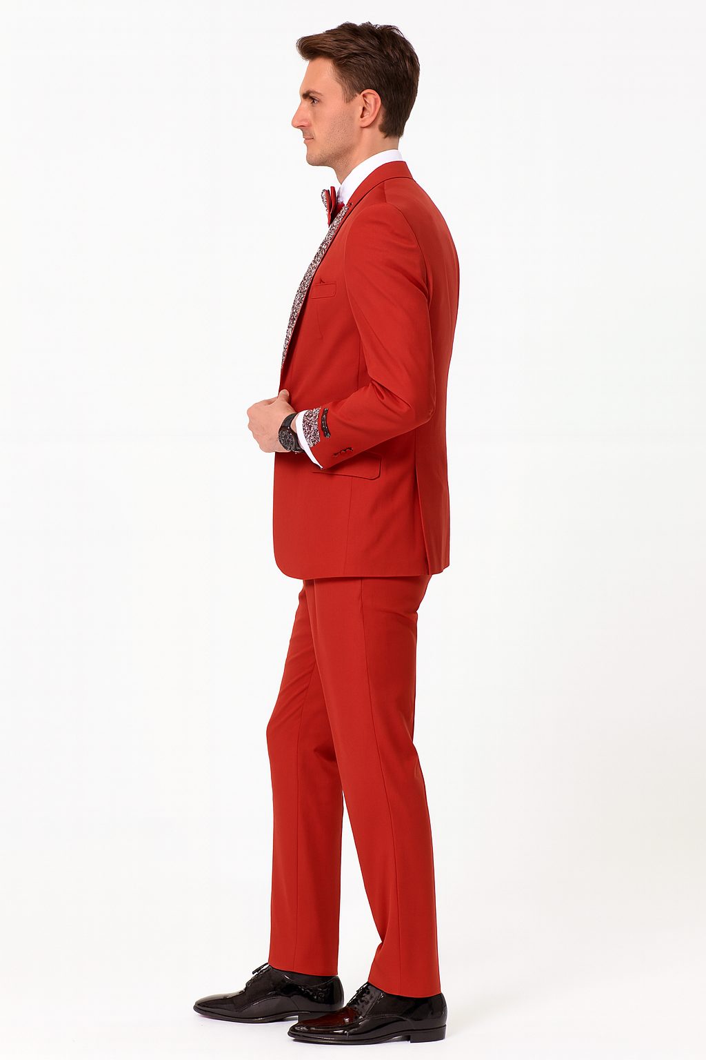 Men’s Red And White Lapel Three-Piece Tuxedo with Sequin Lapel and Matching Bow Tie - Chirstmas Suit - 34 Short or Extra Small