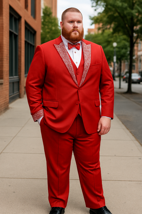Mens Red And White Lapel Three-Piece Tuxedo with Sequin Lapel and Matching Bow Tie - Chirstmas Suit