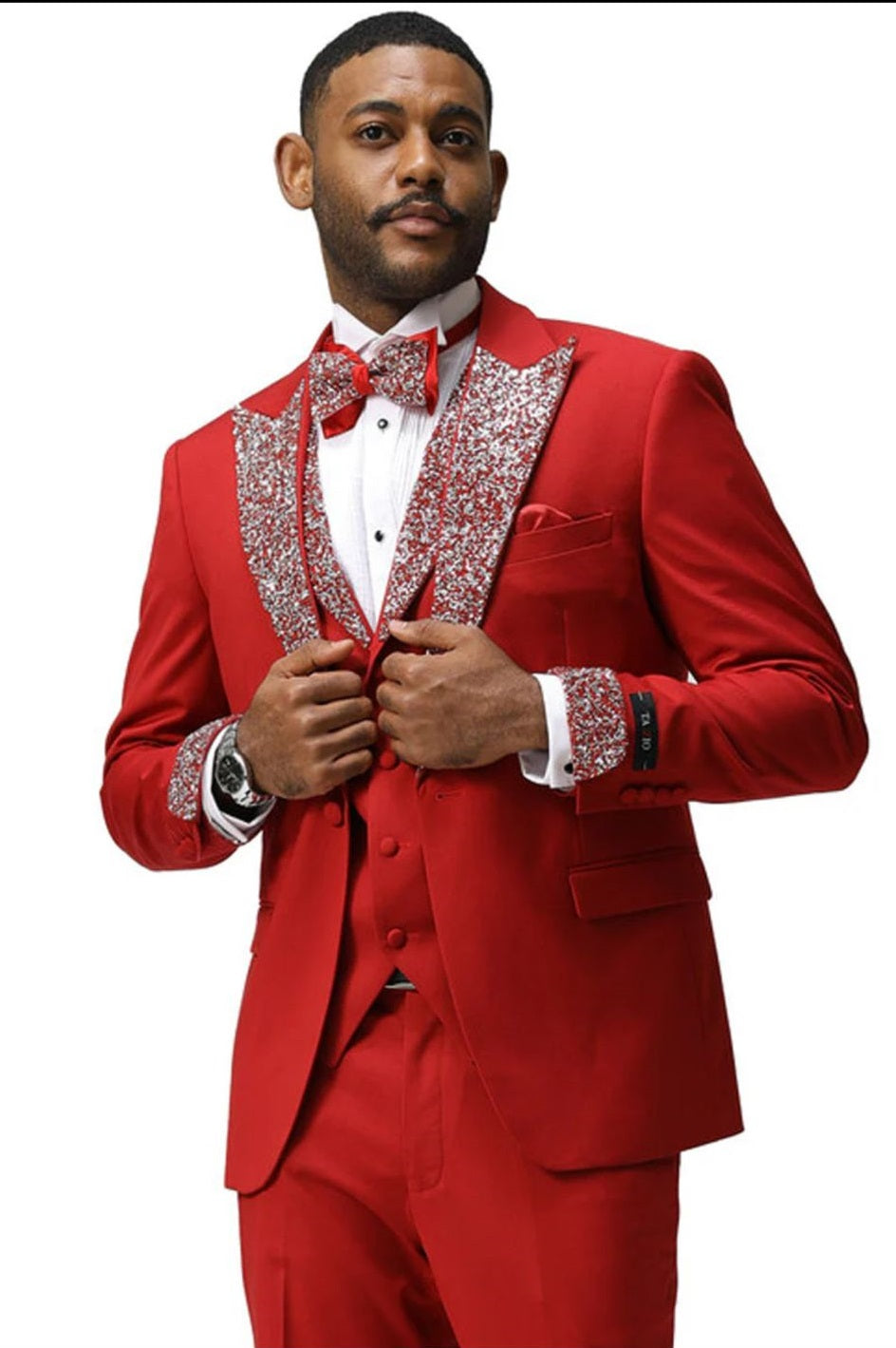 Men’s Red And White Lapel Three-Piece Tuxedo with Sequin Lapel and Matching Bow Tie - Chirstmas Suit - 34 Short or Extra Small