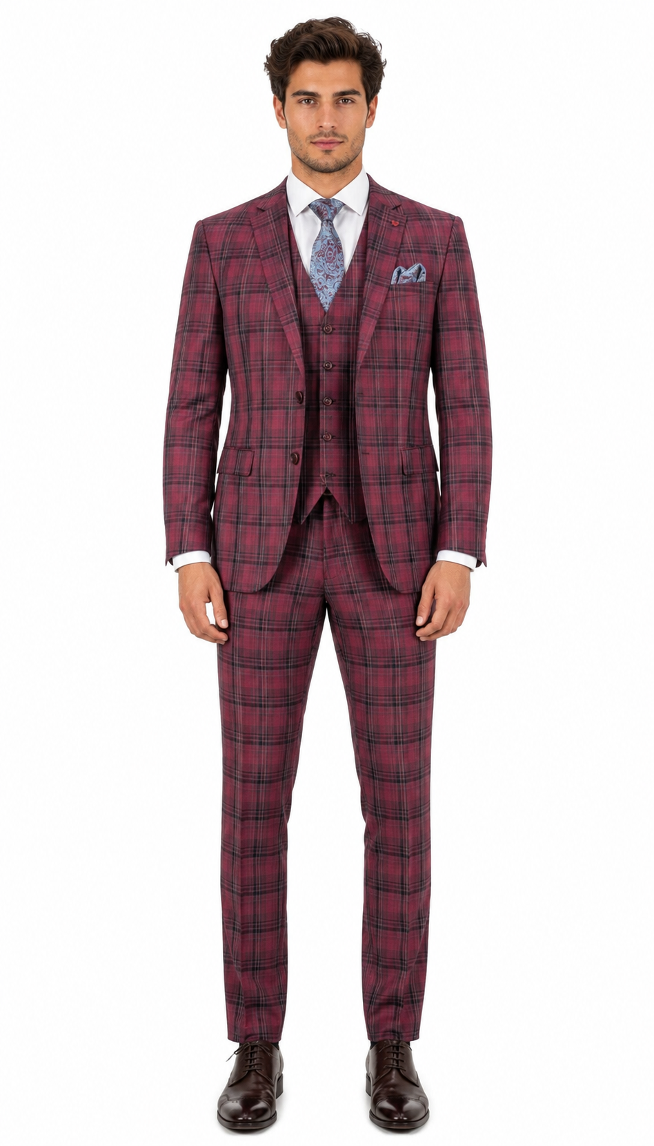 Modern Fit - Mens Red Burgundy Plaid 3-Piece Suit Classic Checkered Modern Fit Suit for Weddings, Church and Formal Events - 34 Short or Extra Small