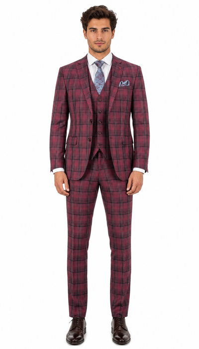 Modern Fit - Mens Red Burgundy Plaid 3-Piece Suit Classic Checkered Modern Fit Suit for Weddings, Church and Formal Events
