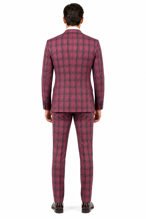Modern Fit - Mens Red Burgundy Plaid 3-Piece Suit Classic Checkered Modern Fit Suit for Weddings, Church and Formal Events