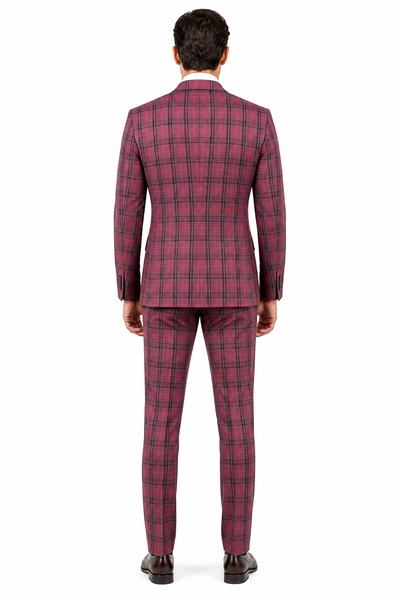 Modern Fit - Mens Red Burgundy Plaid 3-Piece Suit Classic Checkered Modern Fit Suit for Weddings, Church and Formal Events