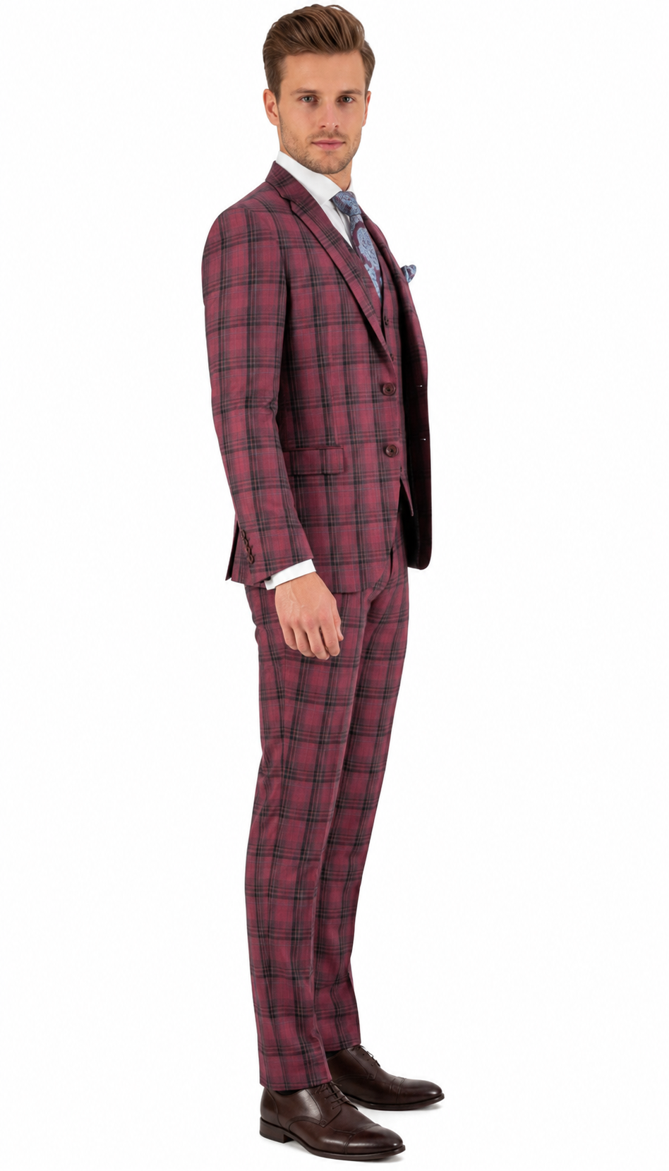 Modern Fit - Mens Red Burgundy Plaid 3-Piece Suit Classic Checkered Modern Fit Suit for Weddings, Church and Formal Events