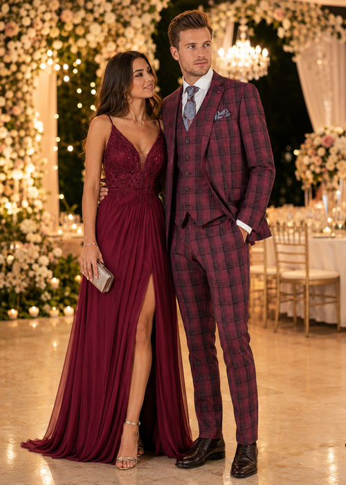 Modern Fit - Mens Red Burgundy Plaid 3-Piece Suit Classic Checkered Modern Fit Suit for Weddings, Church and Formal Events