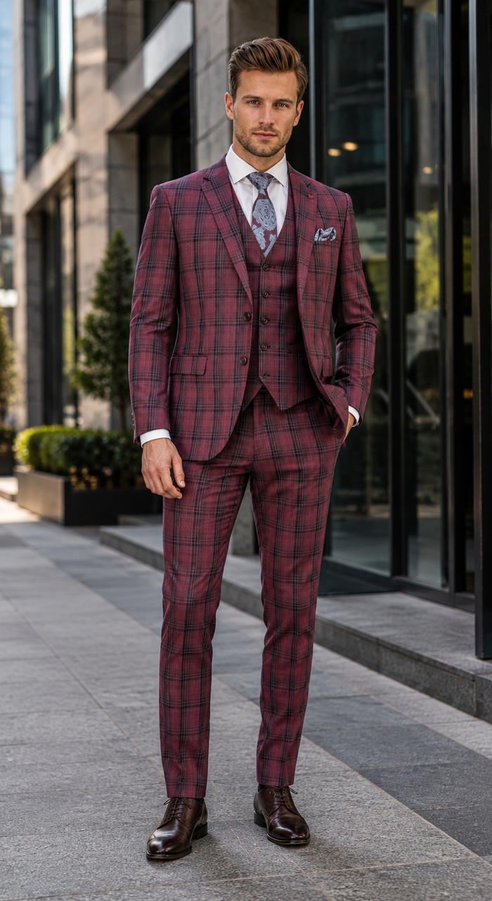 Modern Fit - Mens Red Burgundy Plaid 3-Piece Suit Classic Checkered Modern Fit Suit for Weddings, Church and Formal Events