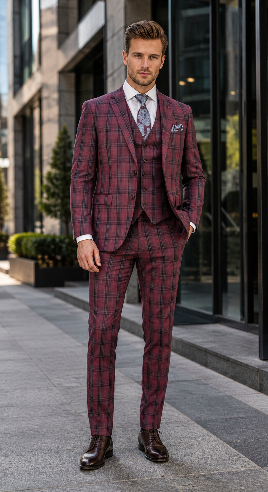 Modern Fit - Mens Red Burgundy Plaid 3-Piece Suit Classic Checkered Modern Fit Suit for Weddings, Church and Formal Events