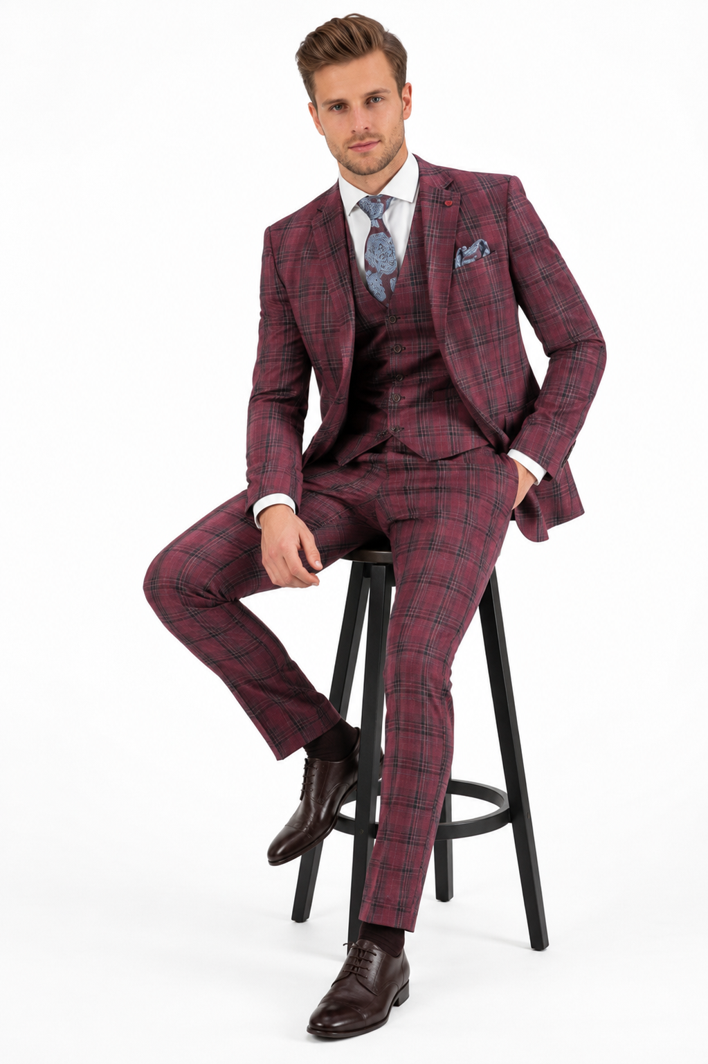 Modern Fit - Mens Red Burgundy Plaid 3-Piece Suit Classic Checkered Modern Fit Suit for Weddings, Church and Formal Events - 34 Short or Extra Small