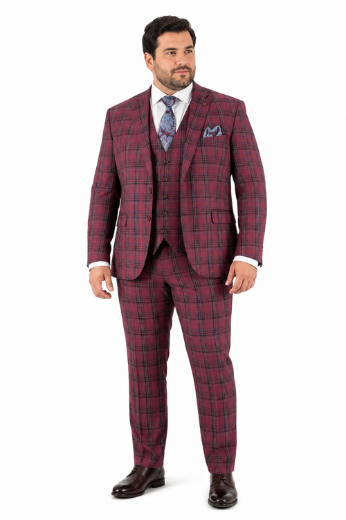 Modern Fit - Mens Red Burgundy Plaid 3-Piece Suit Classic Checkered Modern Fit Suit for Weddings, Church and Formal Events