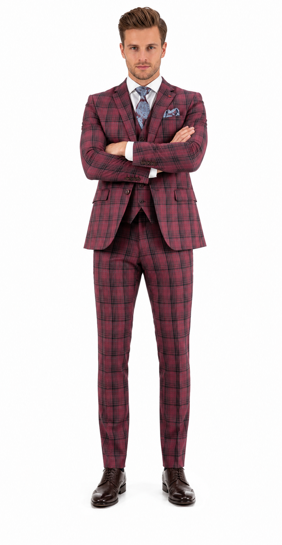 Modern Fit - Mens Red Burgundy Plaid 3-Piece Suit Classic Checkered Modern Fit Suit for Weddings, Church and Formal Events - 34 Short or Extra Small