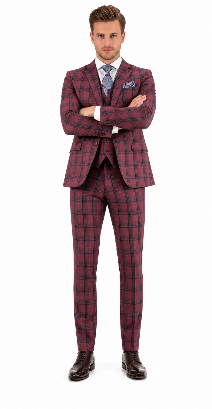 Modern Fit - Mens Red Burgundy Plaid 3-Piece Suit Classic Checkered Modern Fit Suit for Weddings, Church and Formal Events